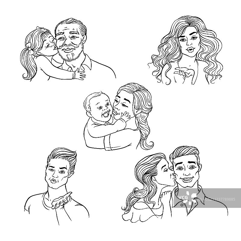 素描幸福家庭拥抱亲吻集图片素材