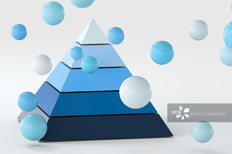 蓝色三维金字塔与渐变小球，三维渲染图片素材