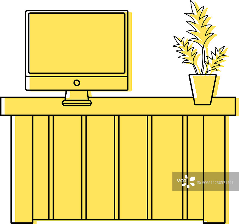 彩色木桌配有电脑屏幕和植物图片素材