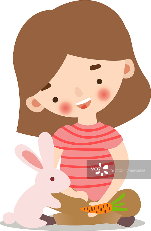 可爱的小女孩用胡萝卜喂兔子图片素材