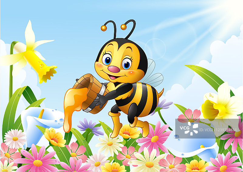 卡通蜜蜂拿着带花的蜂蜜桶