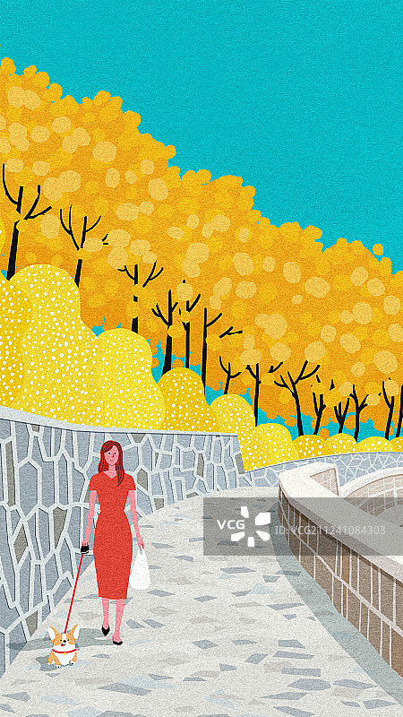 秋天植物石桥风景遛狗扁平风图片素材