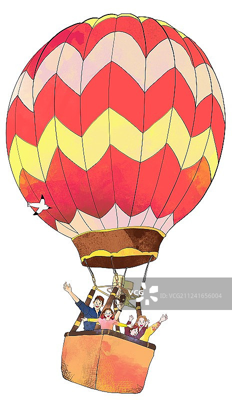宫崎骏风格白色背景 家庭度假热气球 节假日黄金周图片素材