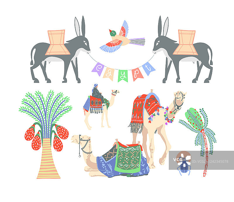 设置埃及符号-骆驼，棕榈，驴图片素材