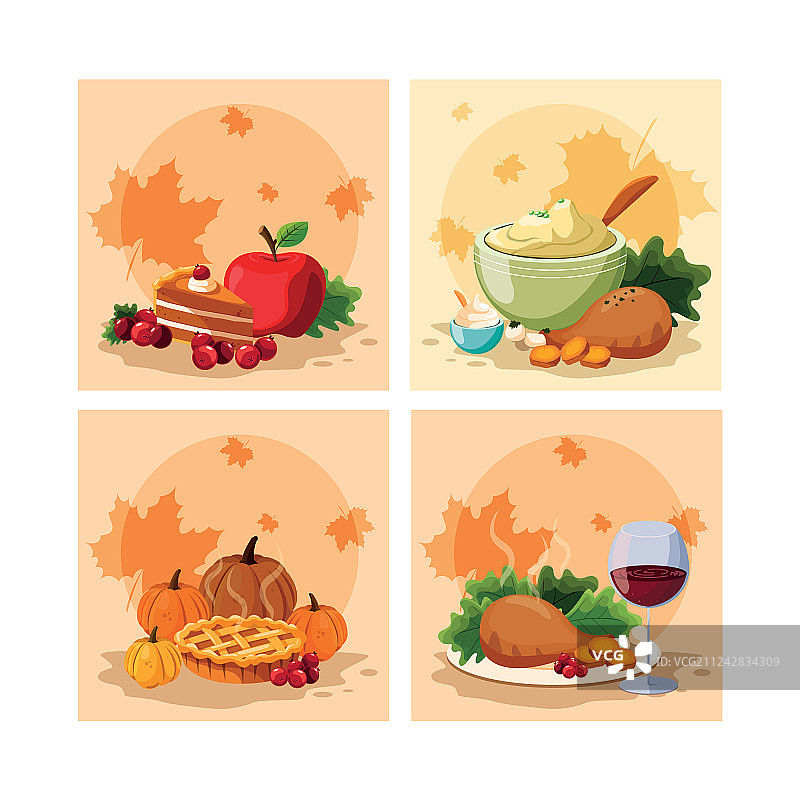 感恩节火鸡晚餐与设定图标图片素材