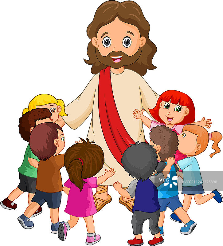 卡通耶稣基督被孩子们包围着图片素材
