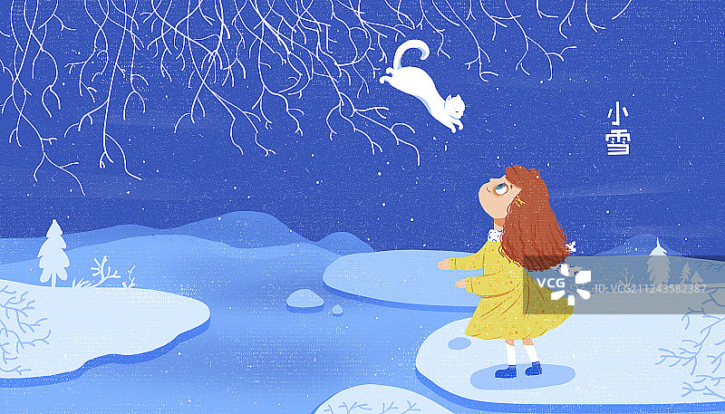 二十四节气小雪插画 蓝色雪地上的女孩和猫玩耍插画图片素材