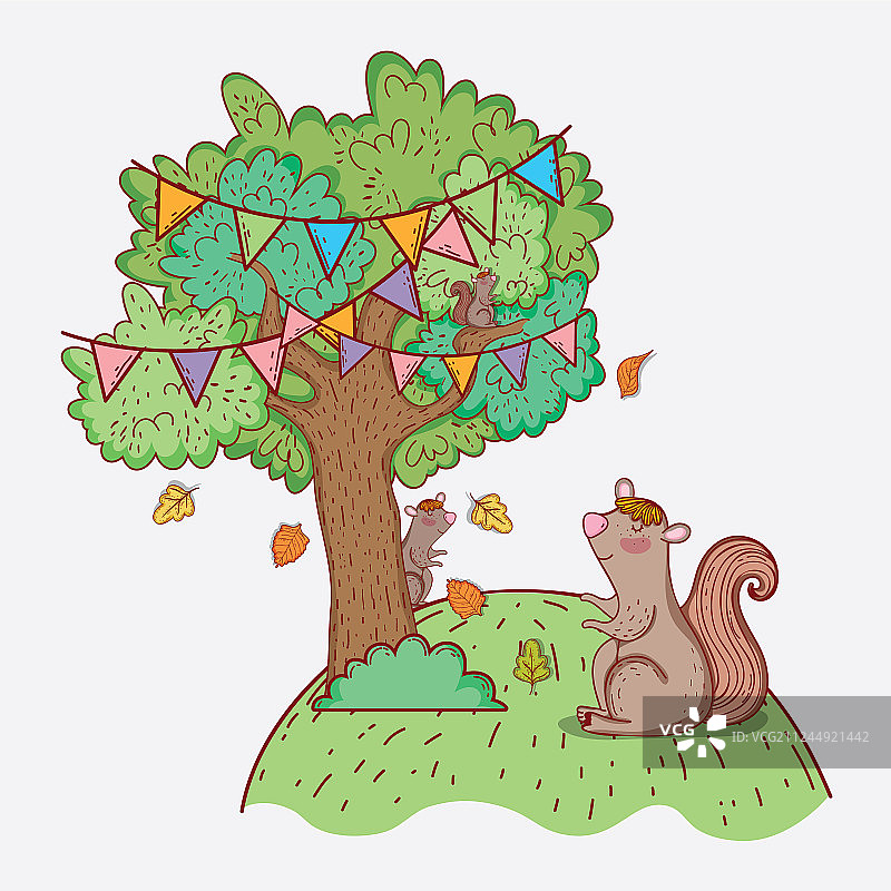 松鼠动物和树与秋天的叶子图片素材