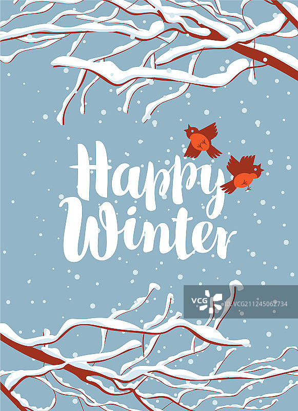 冬天的旗帜和白雪覆盖的树枝和鸟儿图片素材