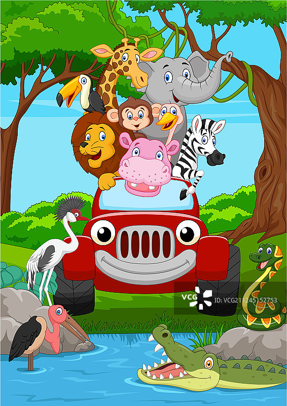 卡通野生动物骑着一辆红色的汽车在丛林中图片素材