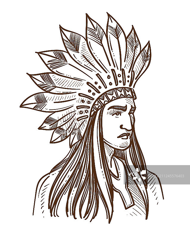 印第安人或戴羽毛帽的印第安土著美国人图片素材