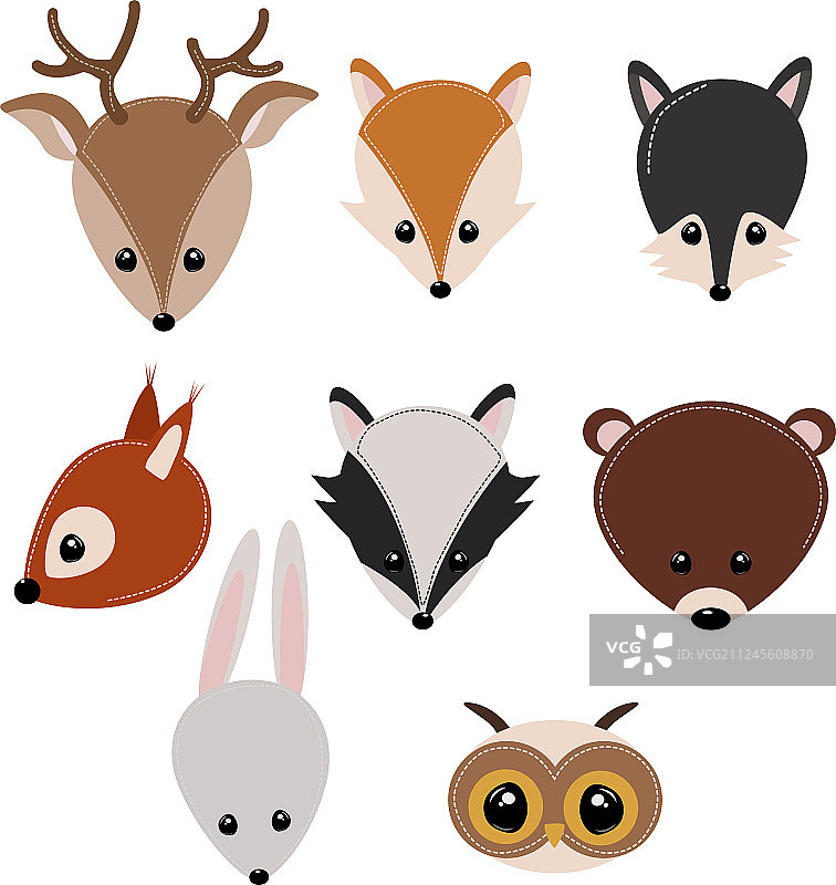 一组孤立的森林动物的头图片素材