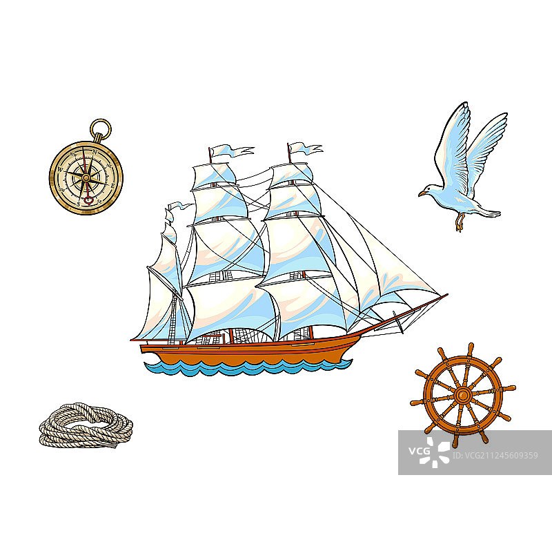 船罗经、海鸥绳和方向盘图片素材