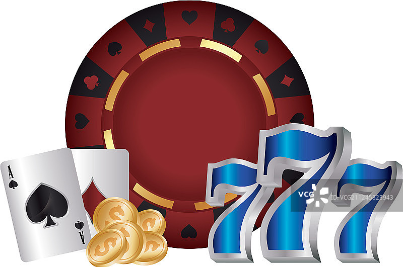 赌场扑克轮盘赌的头奖七卡硬币图片素材