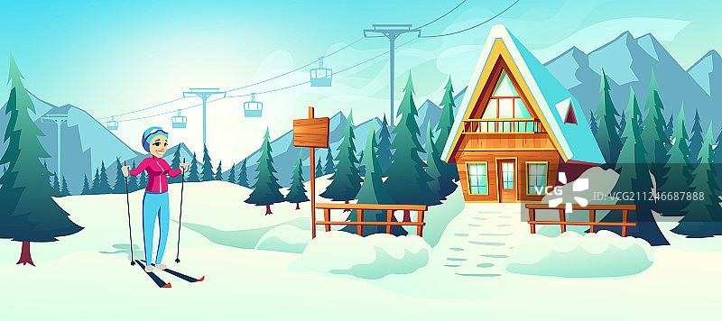 滑雪在山区冬季度假村卡通图片素材