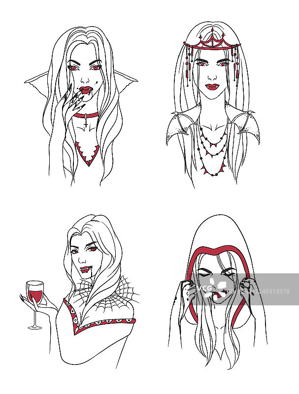 吸血鬼女孩长着尖牙和鲜血的女人图片素材