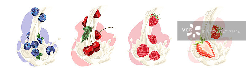 天然牛奶与多汁的蓝莓樱桃图片素材
