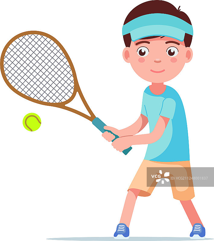 男孩网球运动员用球拍击球图片素材