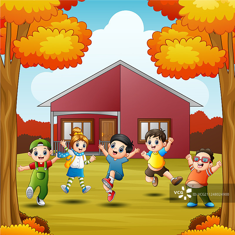 卡通快乐的孩子在前面的房子在秋天季节图片素材