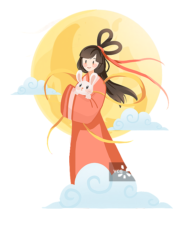 中秋节满月彩云里的红衣嫦娥抱兔子免扣插画元素图片素材
