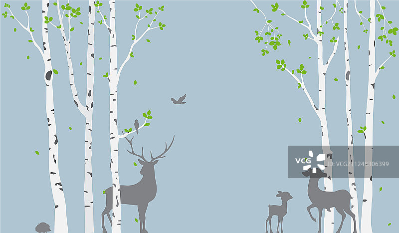 桦树上有鹿和鸟的剪影图片素材