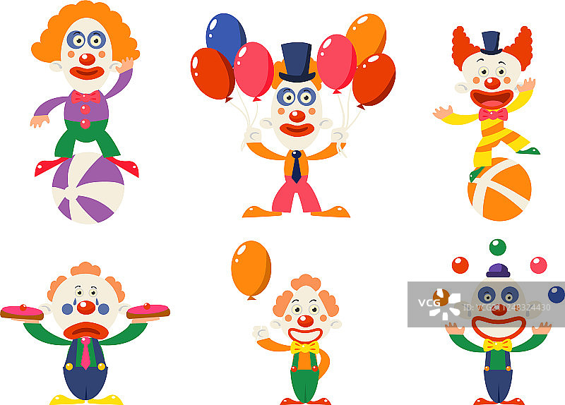 一组动作滑稽的扁平小丑图片素材