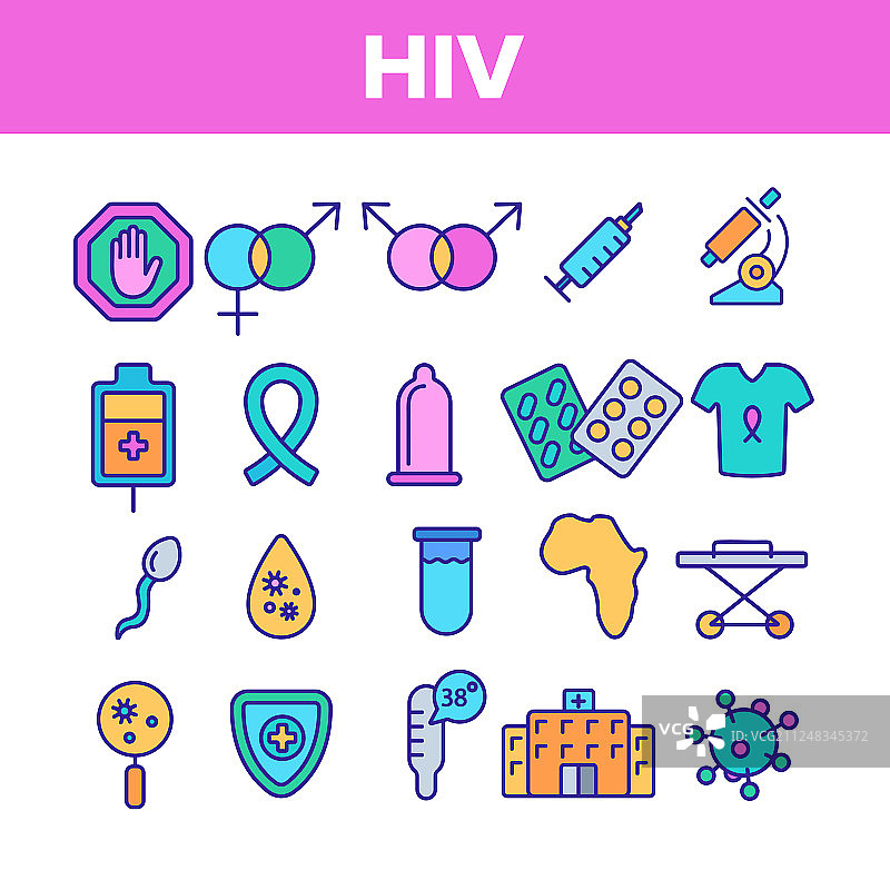 艾滋病和艾滋病意识线性图标集图片素材