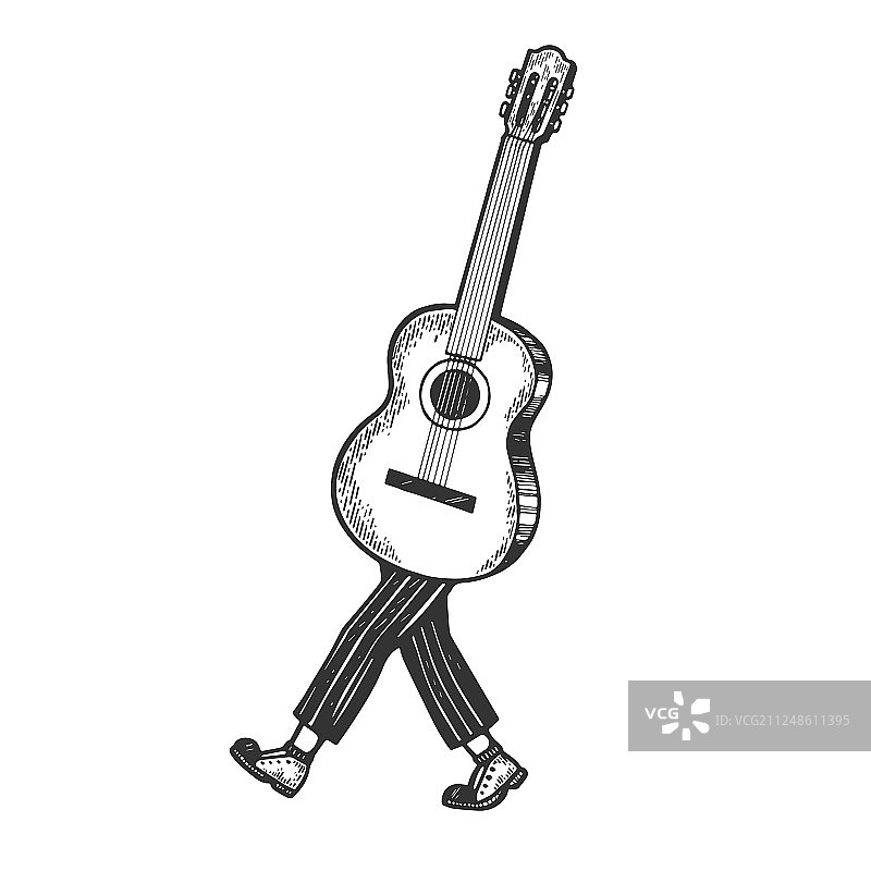 原声吉他走在它的脚上素描雕刻图片素材