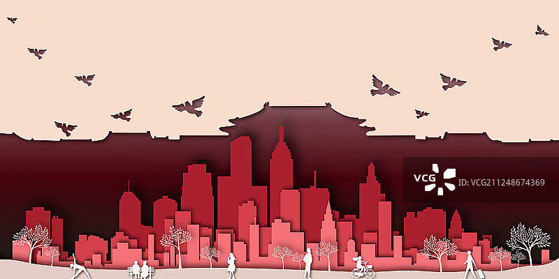 剪纸风红色城市建筑群图片素材