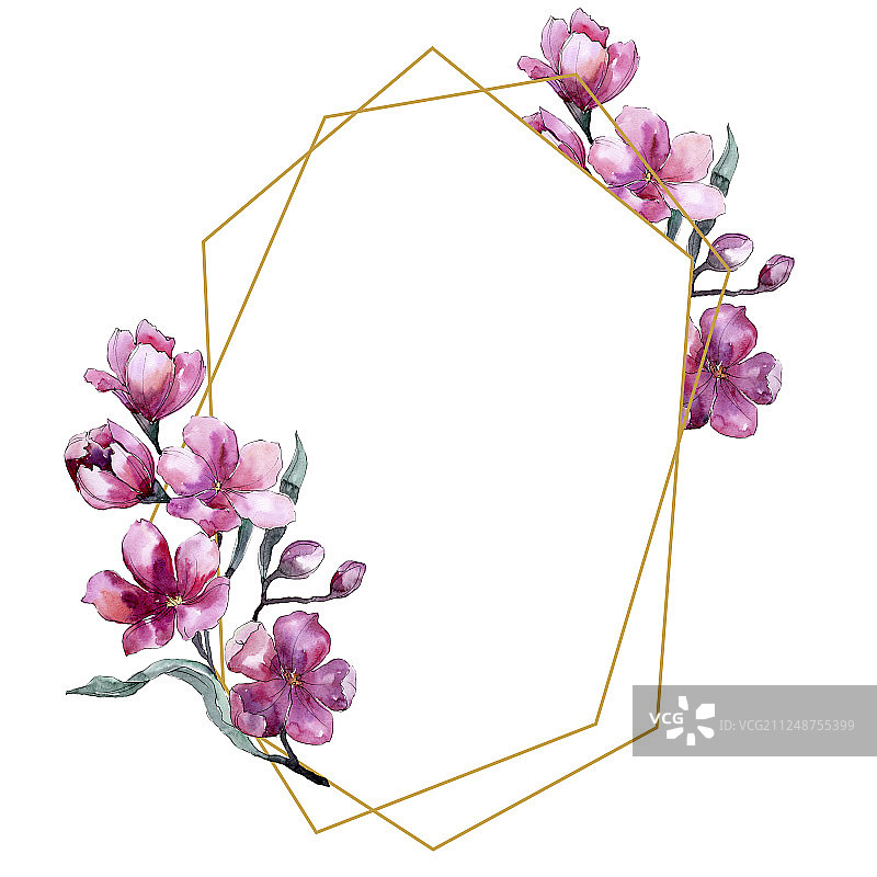 一束粉红色的水彩花。花卉植物的花。边框装饰方形。图片素材