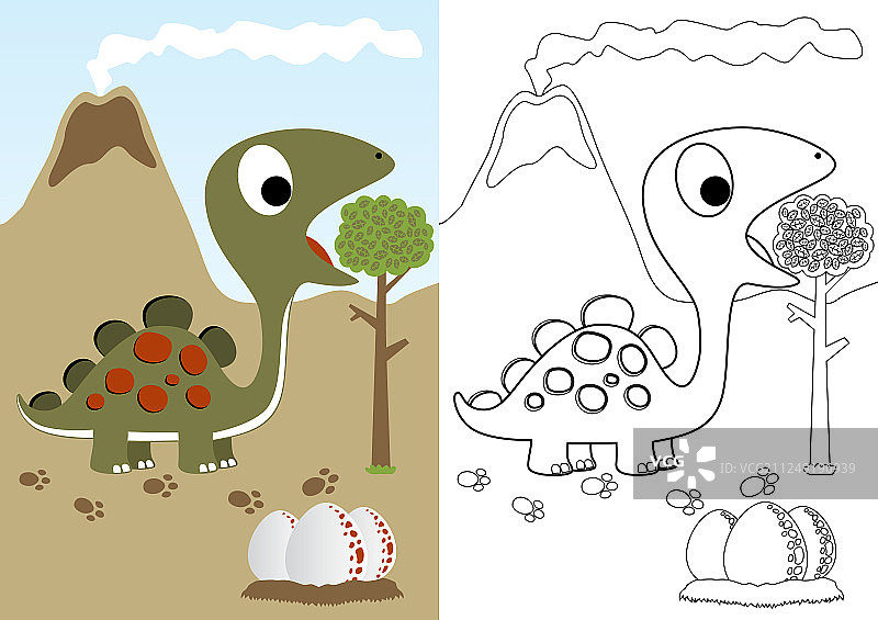 恐龙与它的蛋在火山背景卡通图片素材