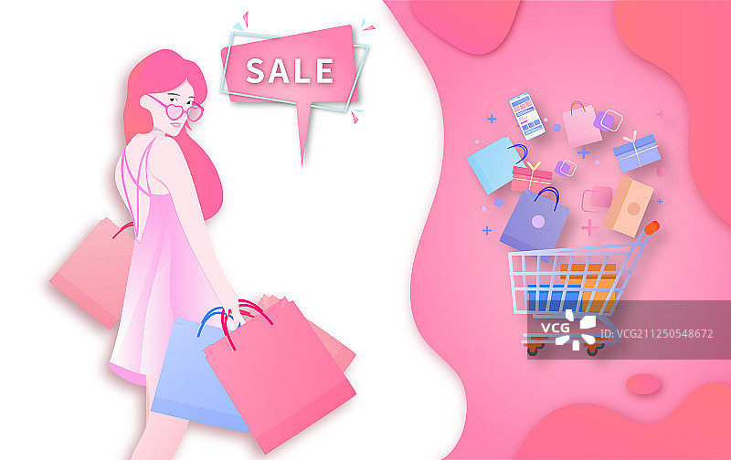 一位美丽时尚的都市少女用手机在网上购物消费的矢量插画背景图片素材