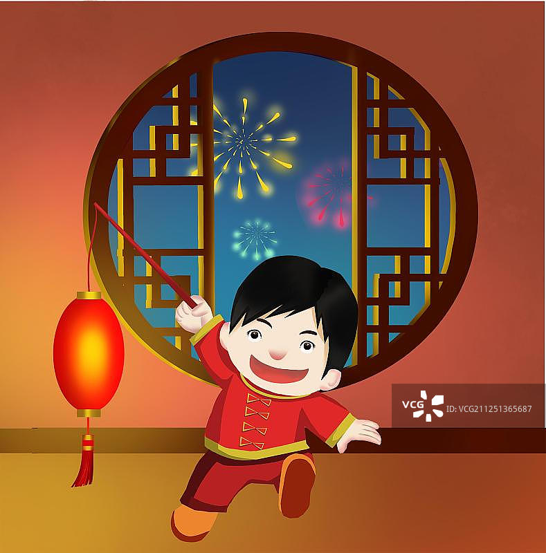 春节迎福传统服饰少年举灯笼免扣插画元素图片素材