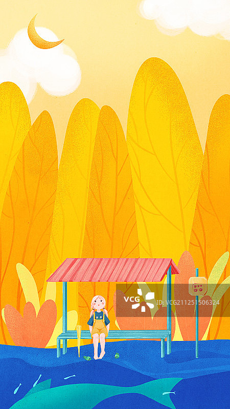 蓝色海面上金色树林前坐在候车亭仰望天空的少女手绘插画图片素材
