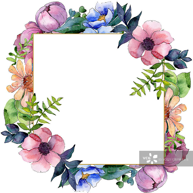 花束，植物花。水彩背景插图集。边框装饰方形。图片素材