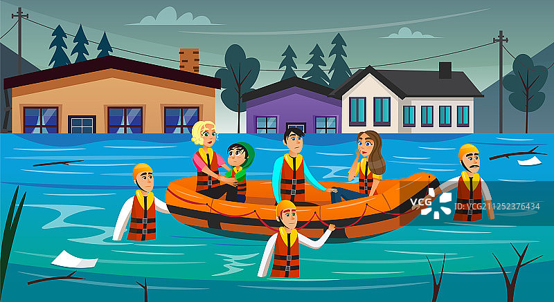 卡通洪水幸存者坐在充气船上图片素材