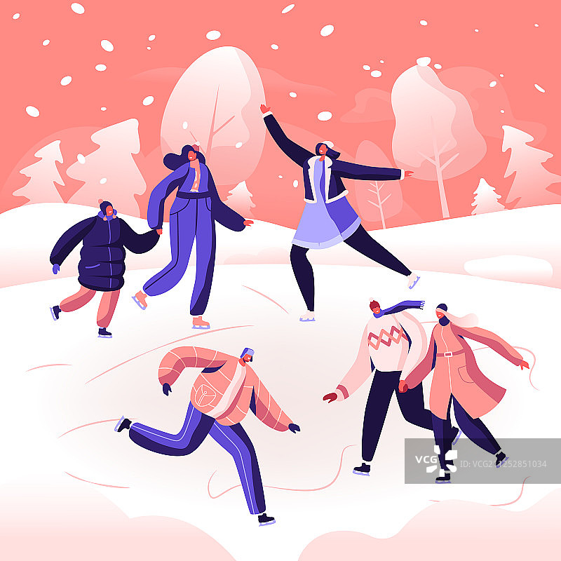 快乐的人们穿着暖和的衣服滑冰图片素材