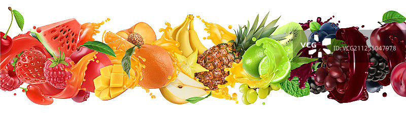 甜蜜的热带水果和混合浆果的喷溅图片素材