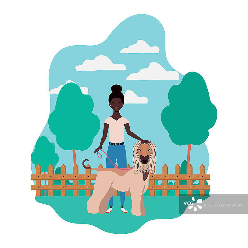 年轻的非洲女人和可爱的狗在野外图片素材