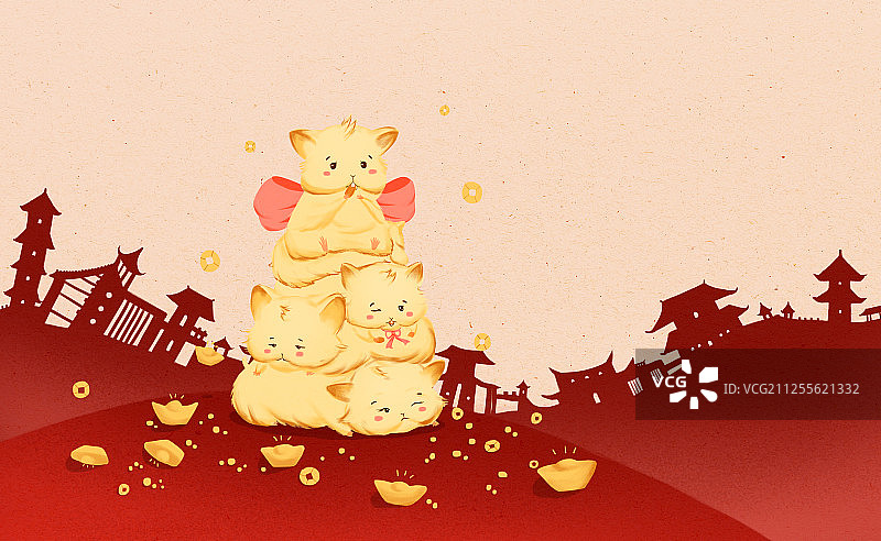 几只仓鼠叠在一起旁边有散落的金元宝 中国风剪影背景插画图片素材