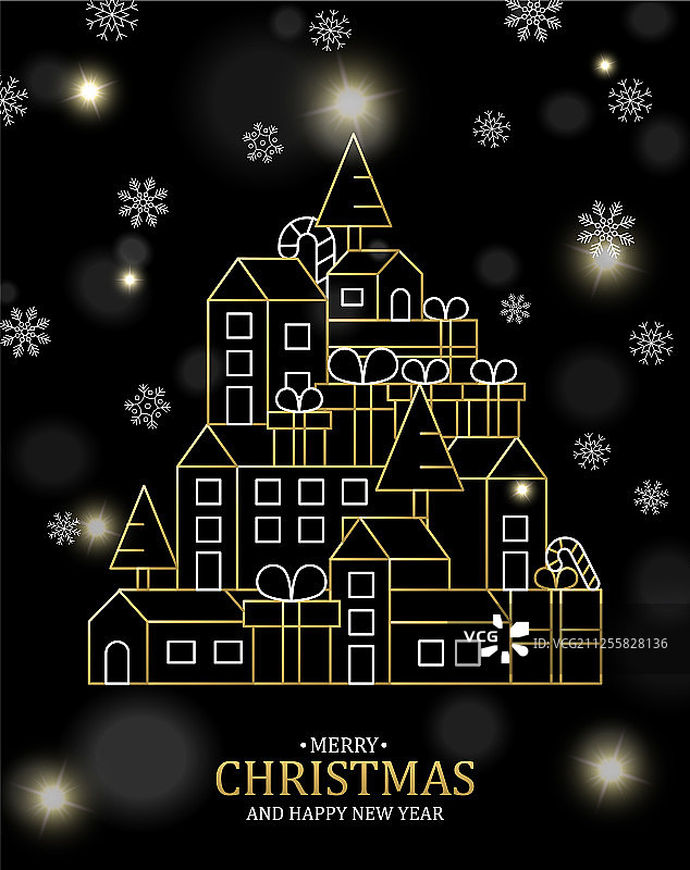 圣诞和新年卡黄金轮廓城市图片素材