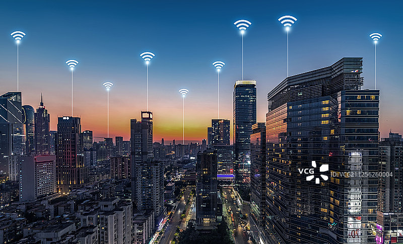城市科技网络中心无线wifi广州日落天际线图片素材