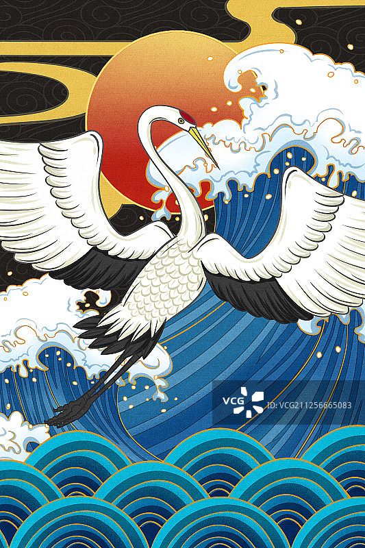 国潮风仙鹤在海面上飞翔插画图片素材