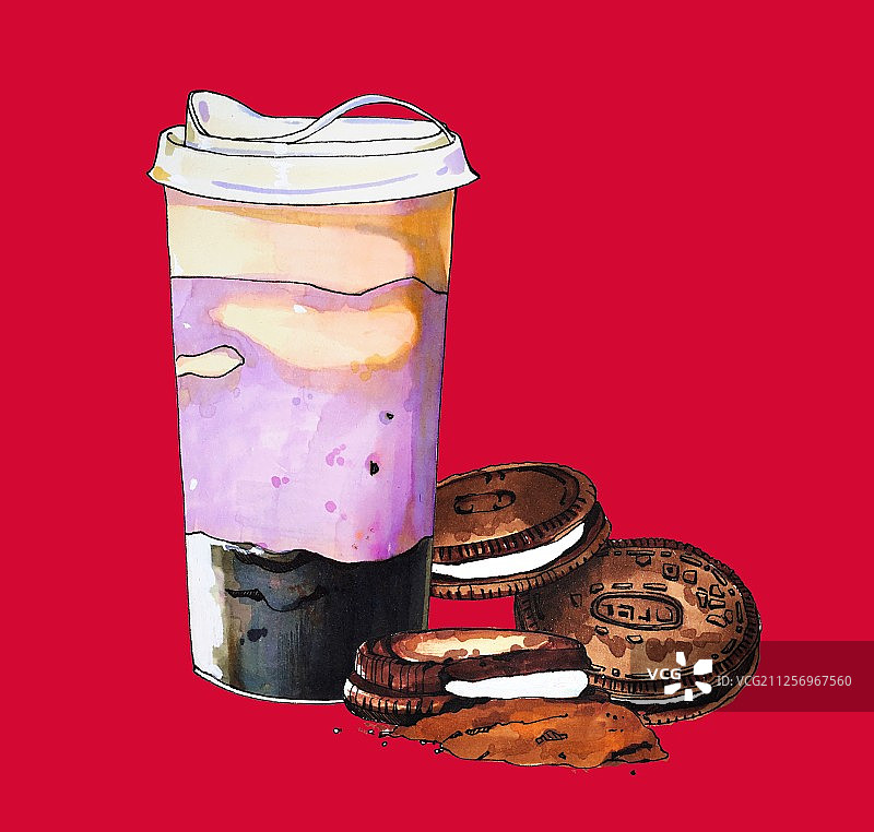 鲜芋奥利奥奶茶与三块饼干组合 红背景图片素材