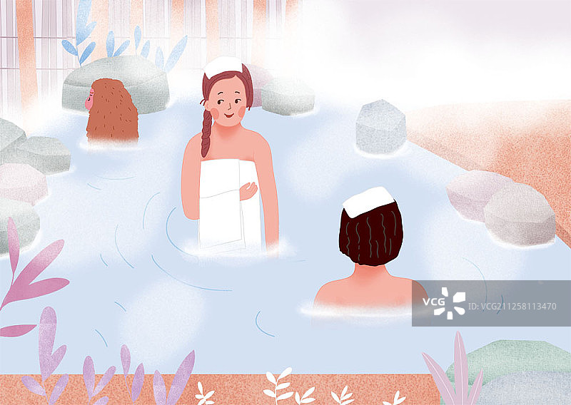 人们在温泉中放松的插图图片素材