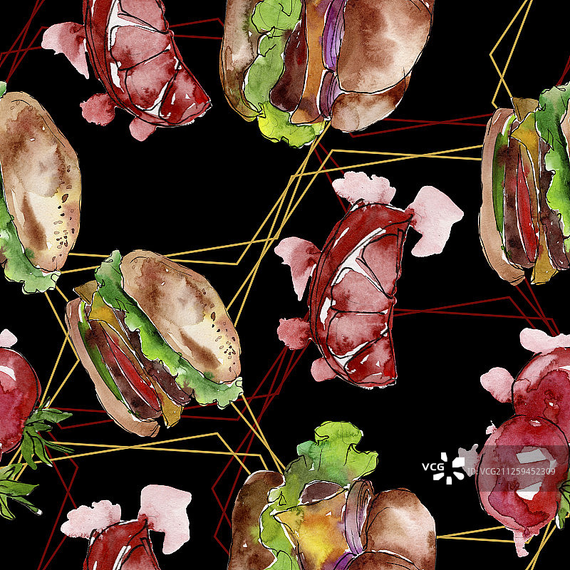 汉堡快餐孤立。水彩背景插图集。无缝的背景图案。图片素材