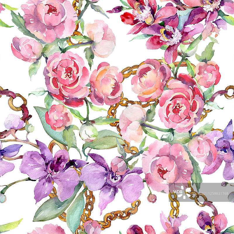 花束与牡丹花卉植物。水彩背景插图集。无缝的背景图案。图片素材