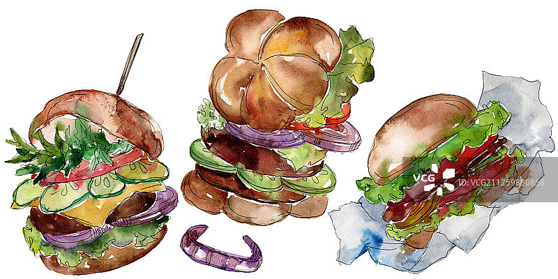汉堡快餐孤立。水彩背景插图集。孤立的快餐插图元素。图片素材