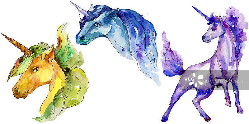 可爱的独角兽的马。水彩背景插图集。水彩画时尚孤立水彩画。图片素材