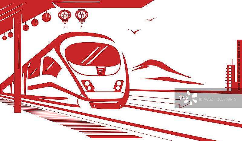 红色喜庆春运铁路火车回家过年剪纸插画图片素材